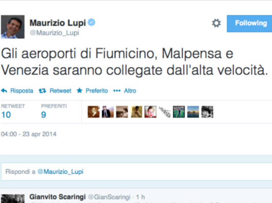 Il tweet di Lupi: &amp;quot;Alta velocità a Fiumicino, Malpensa e Venezia&amp;quot;