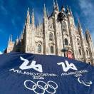 Milan, italy - September 14, 2024: official logo Olympic games in Milan and Cortina 2026 on background of Cathedral Duomo