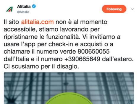 Alitalia, sito offline: check-in e prenotazioni solo via app o numero verde