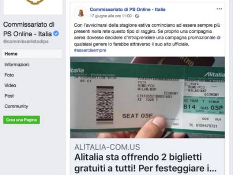 La Polizia lancia l'allarme truffa online per i falsi biglietti gratis Alitalia