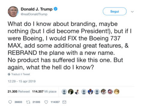 B737 Max, l’idea di Donald Trump: “Bisogna cambiare il nome”