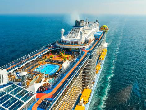 Shanghai, China - Jun 4, 2019. Aerial view of Spectrum of the Seas by Royal Caribbean in sunny day.