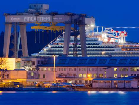MONFALCONE, Italy - March 27, 2018: Carnival Horizon giant cruise ship in the Monfalcone shipyard the evening before its delivery