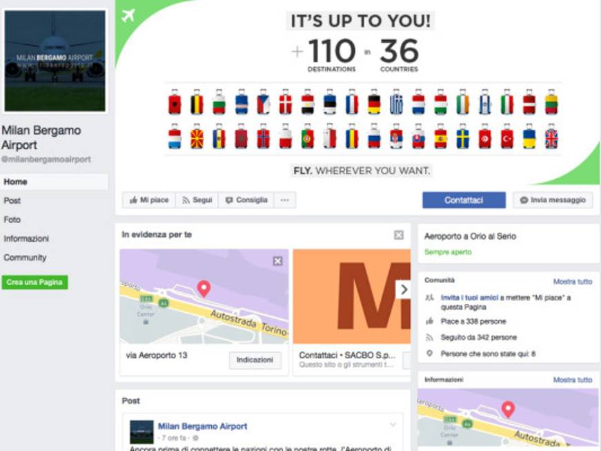 L&amp;#39;aeroporto di Bergamo Orio al Serio debutta su Facebook, Twitter e Instagram