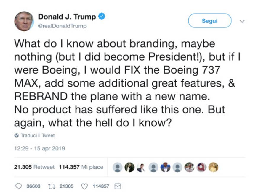 B737 Max, l’idea di Donald Trump: “Bisogna cambiare il nome”