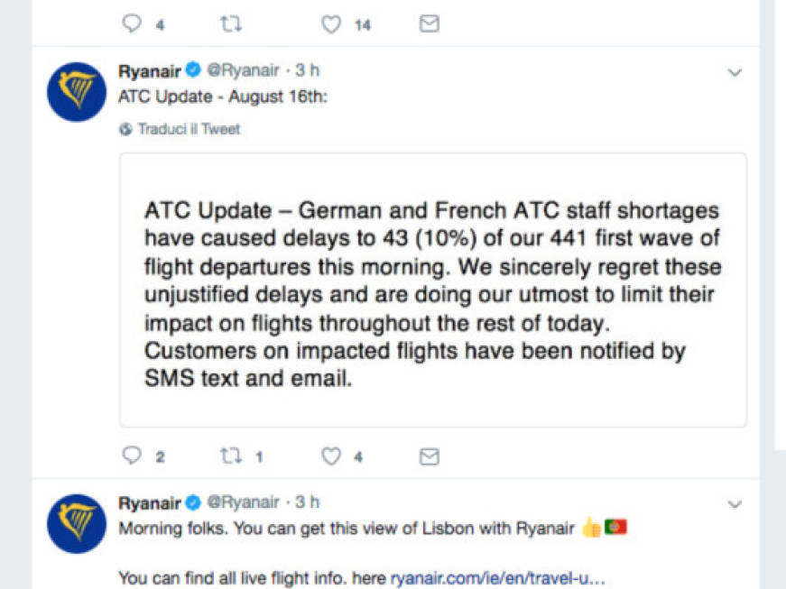 Ryanair, ancora ritardi in Europa: &quot;Colpa dei tagli Atc&quot;