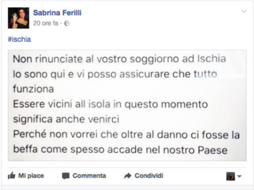 L’appello di Sabrina Ferilli sui social: “Sono a Ischia, funziona tutto”