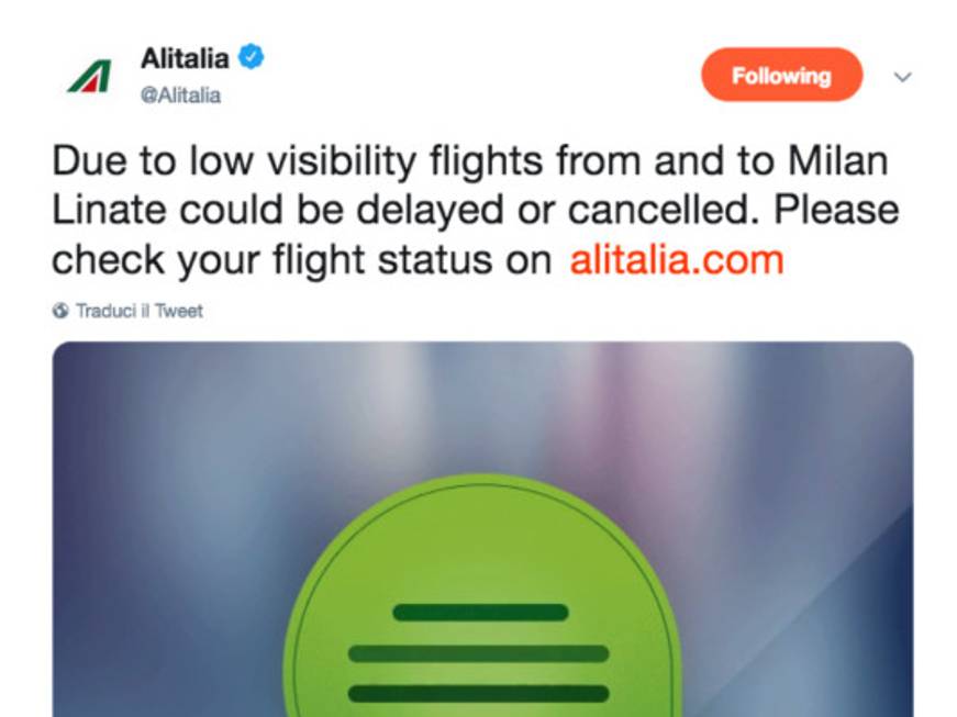 Scarsa visibilità a Linate, Alitalia annuncia possibili cancellazioni