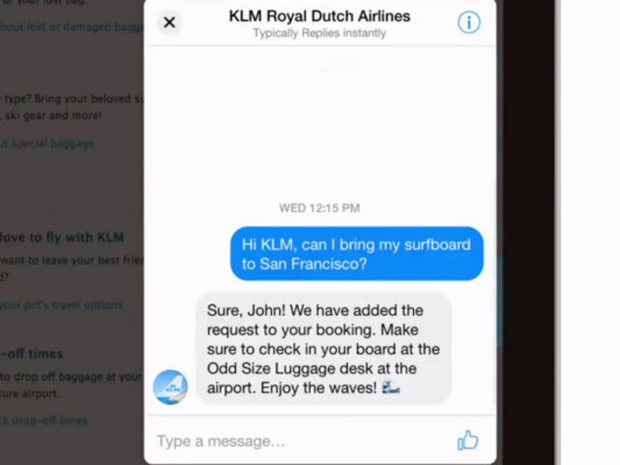 Klm lancia il servizio clienti virtuale via chat su Messenger