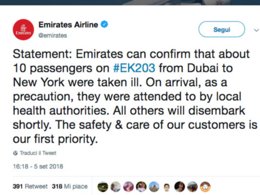 Epidemia di tosse e febbre su un volo Emirates verso New York: giallo sulle cause