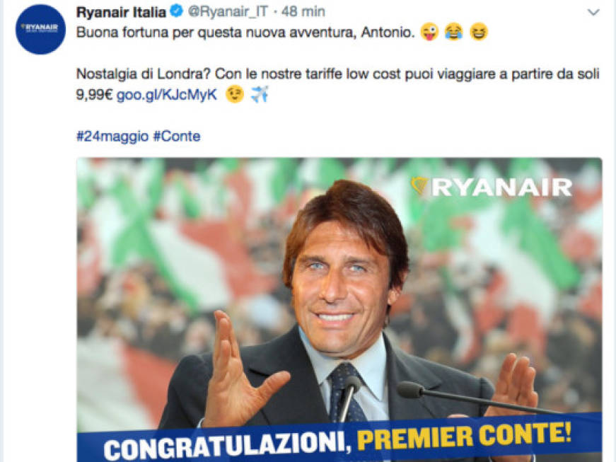 ‘Congratulazioni Antonio Conte’, l'ironia social di Ryanair sul nuovo premier italiano