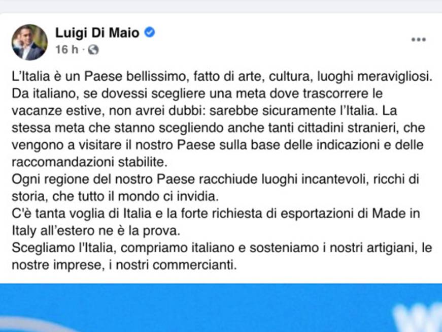 Di Maio: “Scegliete l’Italia per le vacanze estive”