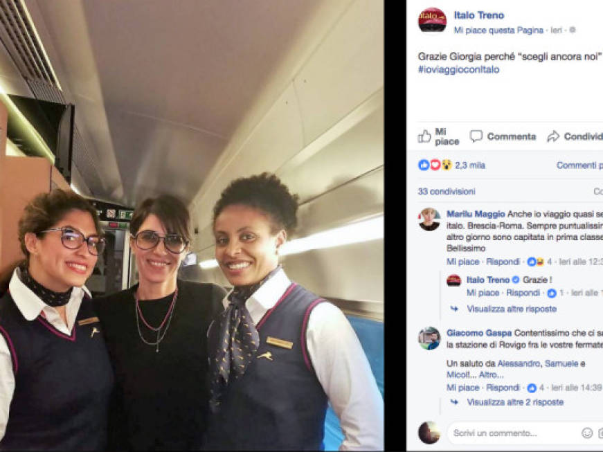 Giorgia in viaggio su un treno Italo, sui social la foto con le hostess