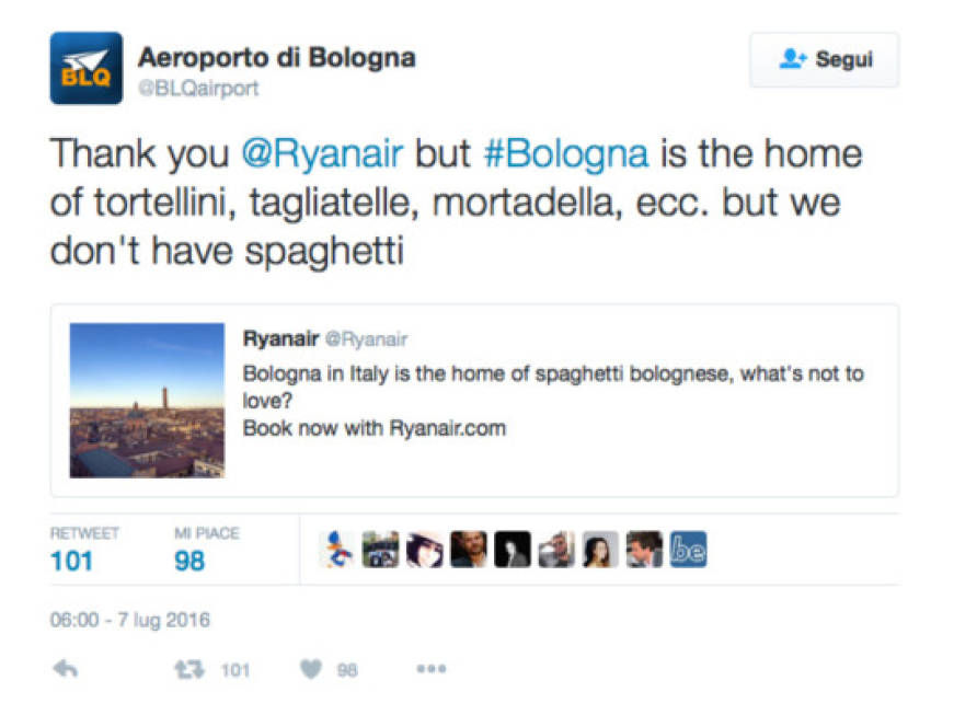 Ryanair e aeroporto di Bologna: lite per gli spaghetti