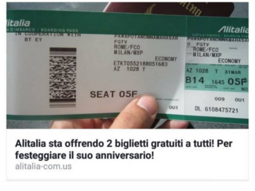 Truffa su Facebook, biglietti gratis da Alitalia. La compagnia: &quot;Non è nostra iniziativa&quot;