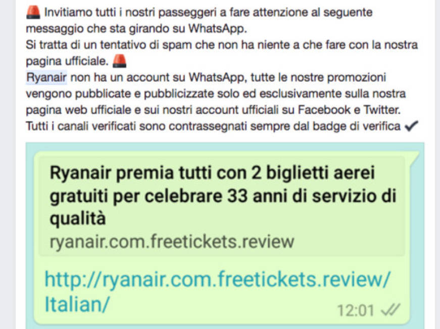 “Biglietti gratis”, Ryanair avverte: attenzione alle truffe su WhatsApp