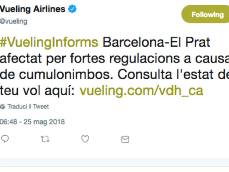 Vueling, ritardi e cancellazioni a Barcellona per una nuvola gigante