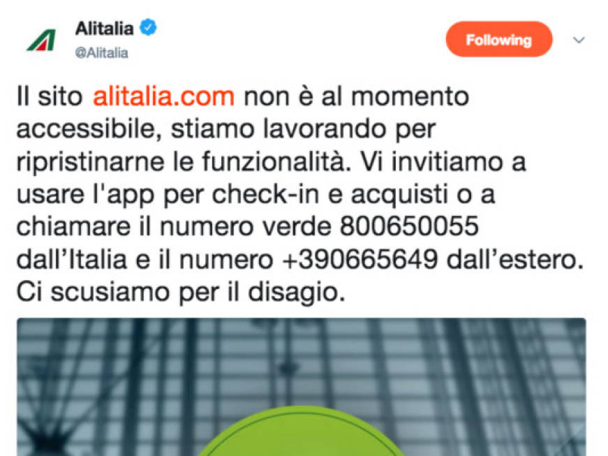 Alitalia, sito offline: check-in e prenotazioni solo via app o numero verde