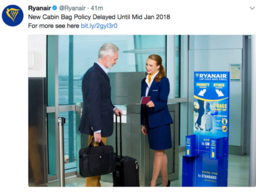 Ryanair posticipa l'entrata in vigore della nuova policy bagagli a gennaio