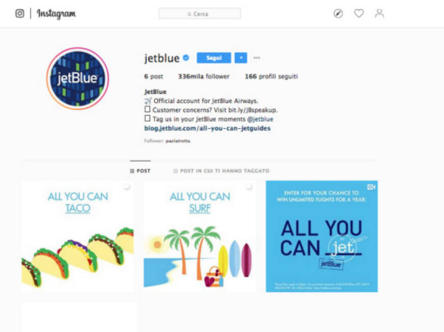 JetBlue: voli gratis per un anno a chi cancella tutti i propri post di Instagram