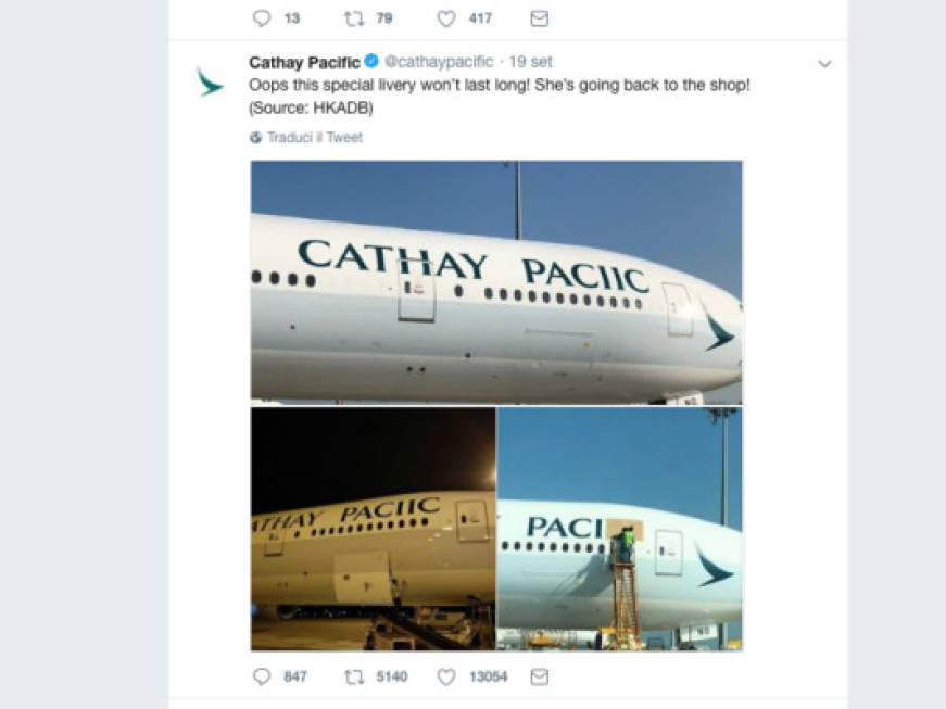 Cathay Pacific e il clamoroso refuso sulla fusoliera