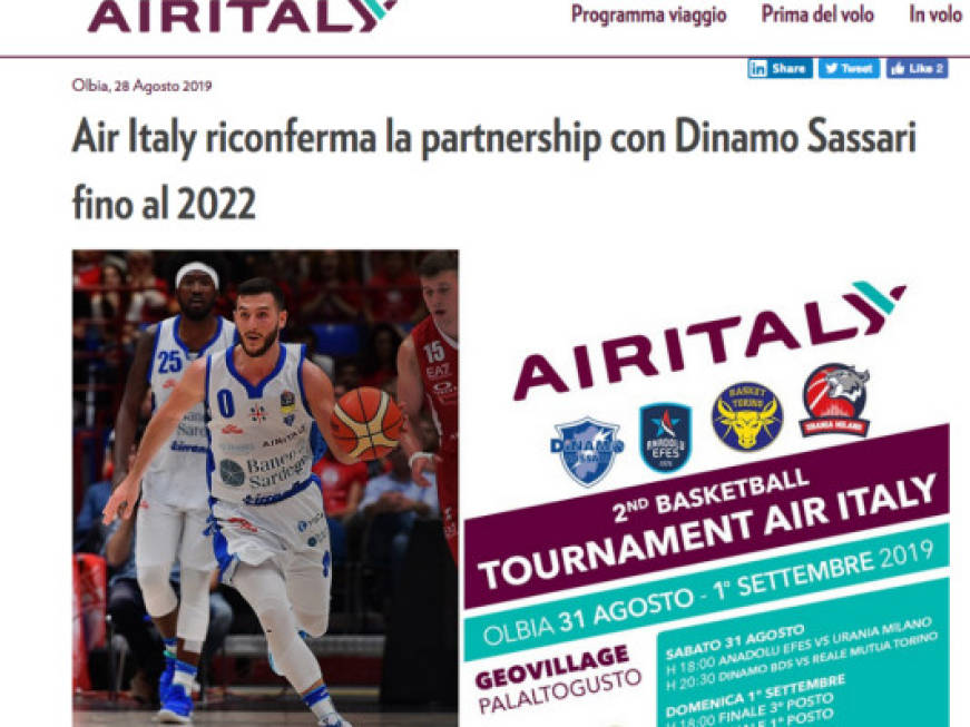 Air Italy 'Gold sponsor' del Dinamo Basket fino al 2022