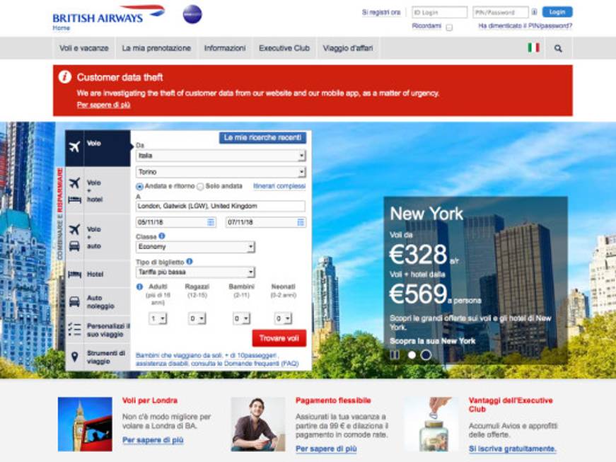 Hacker all'attacco sul sito di British Airways: rubati i dati dei clienti