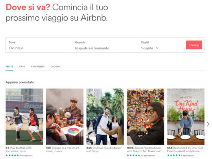 Airbnb Experience: Italia unico Paese in Europa con 3 mercati