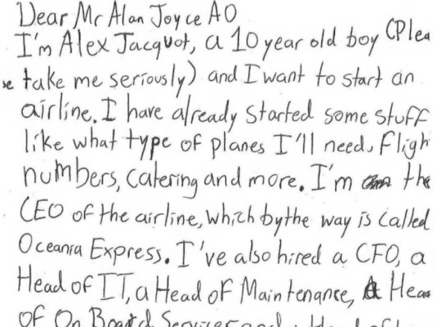 A 10 anni vuole fondare una compagnia aerea: scrive a Qantas e il ceo gli risponde